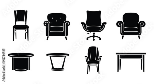 Black silhouette icons depicting various furniture pieces in a grid layout