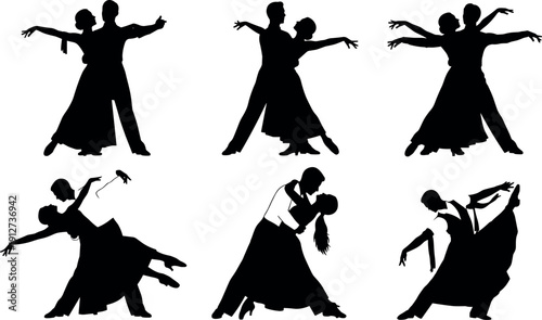 Elegant Ballroom Dance Couple Silhouettes Performing Classic Waltz and Tango Moves in Various Graceful Poses for Professional Graphic Design Projects