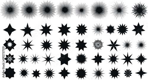 Abstract black sunburst and star shape silhouette set with explosive radial decorative vector design elements
