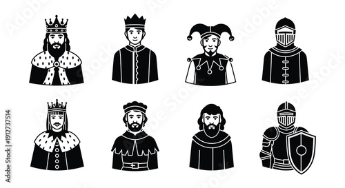 Black and white illustrations of medieval royalty and knights