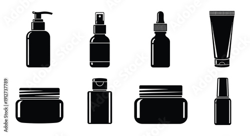 Collection of black cosmetic bottles and tubes isolated on white background