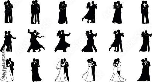 Elegant Wedding Couple Silhouettes Set for Ballroom Dance Marriage Invitations Romantic Bride and Groom Anniversary Celebration Vector Illustration Graphic Design Assets
