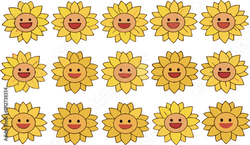 Cute smiling sunflower seamless pattern with happy cartoon floral characters bright yellow vector illustration background