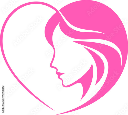 Fotografia Elegant silhouette of a woman with flowing hair, incorporated within a heart shape, rendered in a vibrant pink vector design, ideal for beauty, love, and feminine wellness concepts