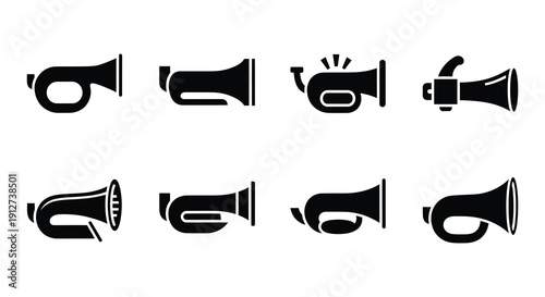 Various black and white illustrations of old fashioned bells and horns