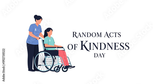 Illustration of a person helping another in a wheelchair on Random Acts of Kindness Day with a contagious smile