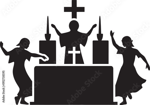 Black silhouette of people dancing with crosses and candlesticks in a church setting