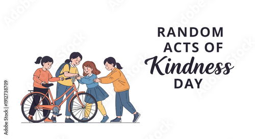 People performing random acts of kindness, helping each other with a bicycle on Random Acts of Kindness Day.