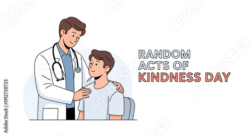 A doctor showing empathy and appreciation by smiling and patting a patient's shoulder on Random Acts of Kindness Day.