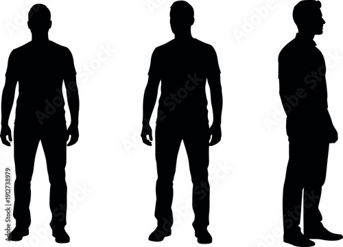 Male Silhouette Collection Featuring Full Length Front View and Side Profile Positions of a Man in Casual Clothing for Design