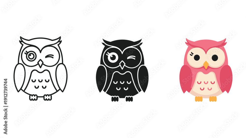 Fototapeta premium Three cartoon owls in different stages of illustration