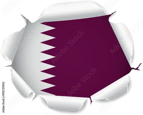 Flag of Qatar. Flag Revealed Through Torn Paper Hole over a transparent background