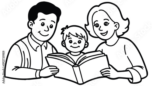 Black and white line of parents and child reading a book together