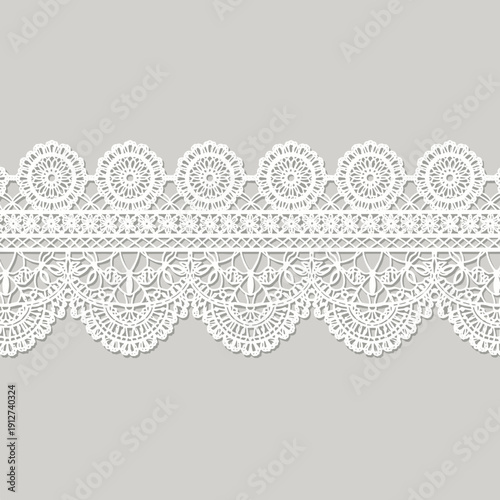 Intricate white crochet lace edge pattern isolated on a neutral background showcasing delicate craftsmanship and ornate detailing
