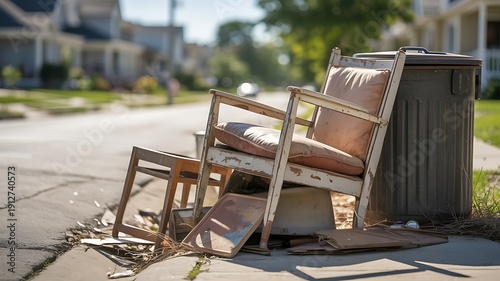 Discarded furniture and debris on a suburban street curb, indicating moving day or bulk trash collection.