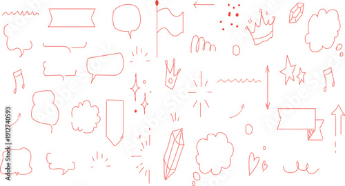 collection of hand-drawn red doodle elements and symbols, often referred to as a "doodle set" or "sketchy elements". 

