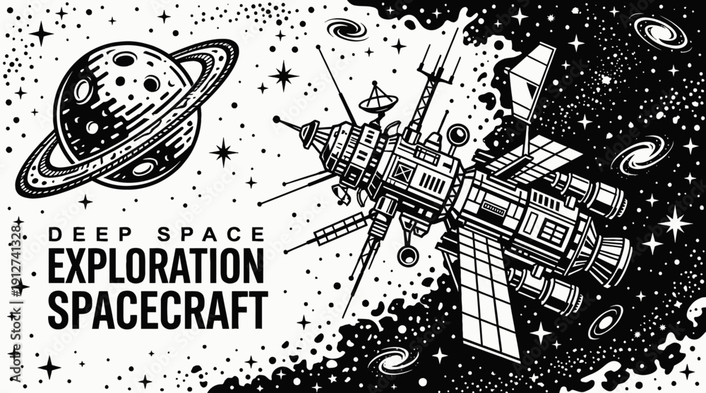 Obraz premium deep space exploration spacecraft spaceship traveling beyond planet orbit across galaxy universe with visible stars showing cosmic mission rocket technology propulsion system