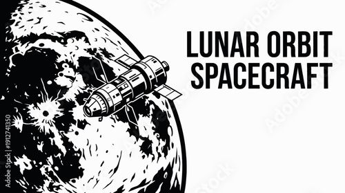 lunar orbit spacecraft spaceship circling moon surface black and white above planet horizon within galaxy universe showing cosmic exploration mission rocket technology