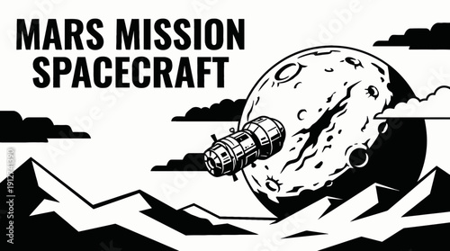 mars mission spacecraft spaceship approaching black and white vector planet surface from orbit within galaxy universe surrounded by stars showing cosmic exploration rocket propulsion technology