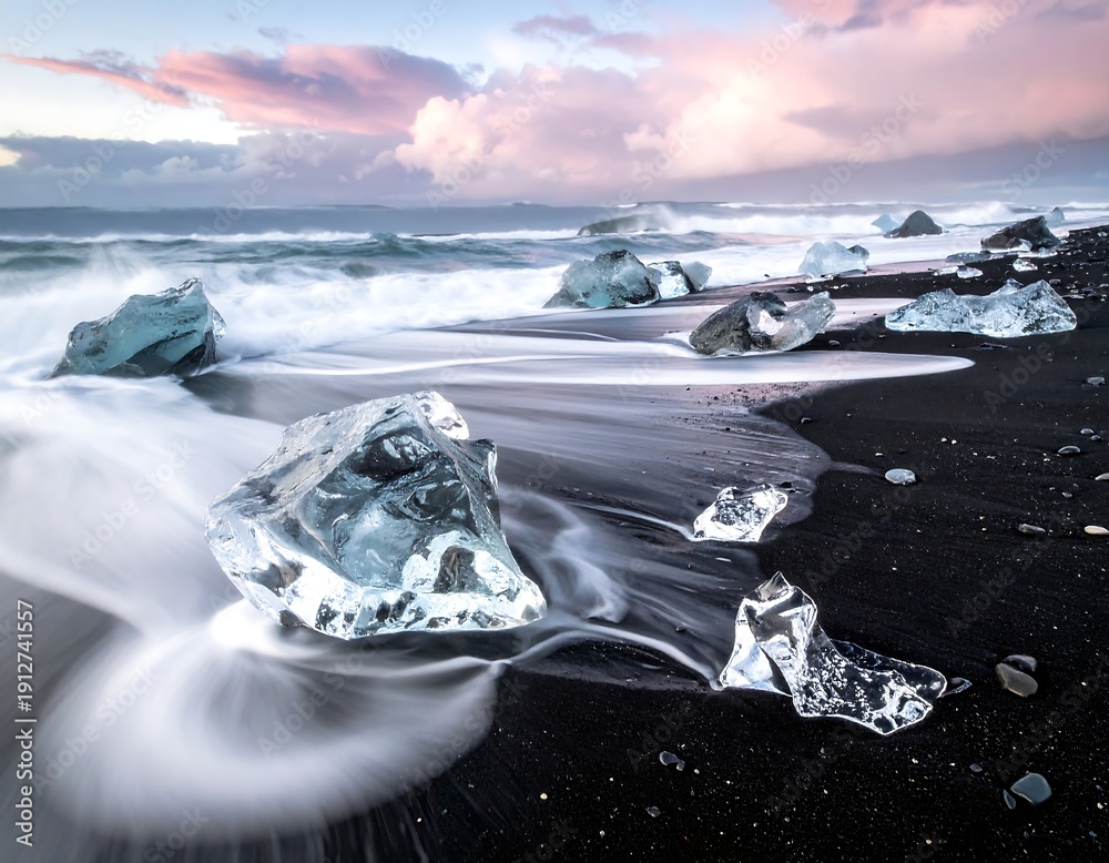 Obraz premium A serene seascape with crystal-clear ice chunks on a black sand beach