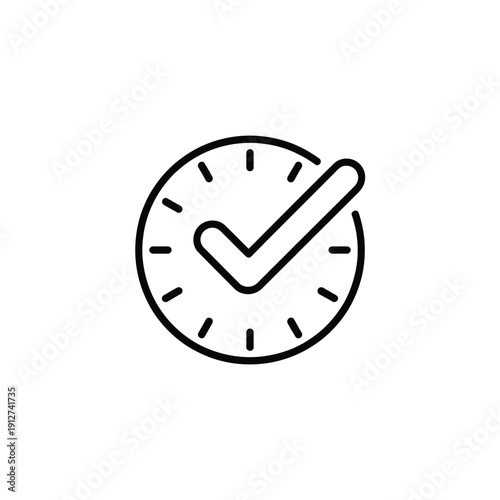 Simple black line drawing of a clock with a checkmark inside