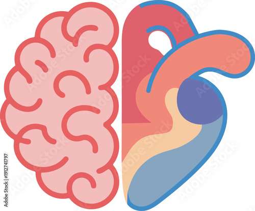 Illustration split brain and heart icon, symbolizing emotion, logic, thinking, feeling, mind and body