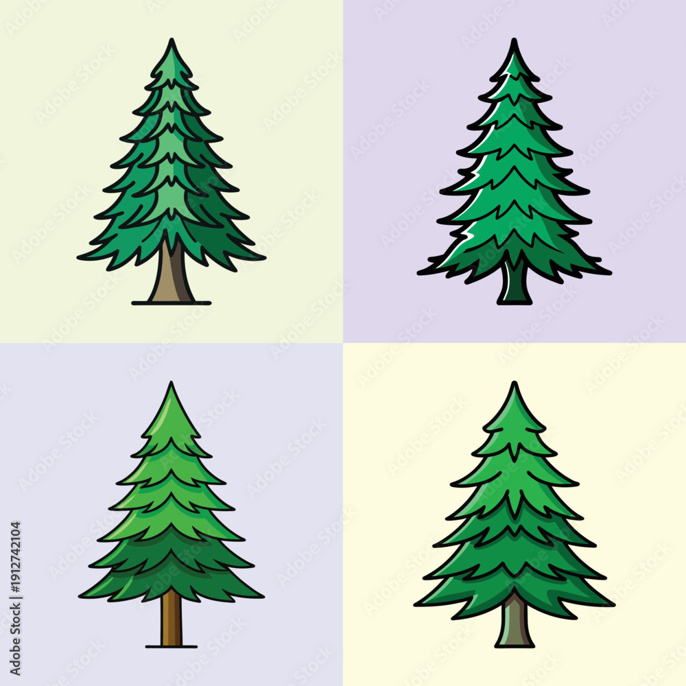 Fototapeta premium Four Spruce Trees on Different Color Backgrounds Vector Illustration