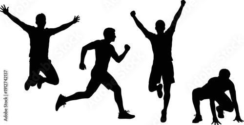 Athlete celebration and sprint silhouettes set, running, jumping and start position poses, sports competition vector illustration isolated on white background