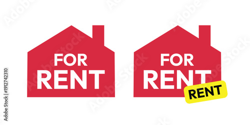 Professional For Rent Real Estate Silhouette Set – Red House Icons with Optional High-Visibility Yellow Tag