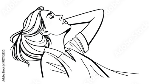 Black and white line of woman with long hair looking upward arm resting on head line woman female flowing hair