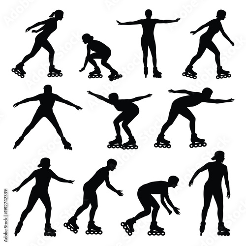 Silhouette collection depicting people actively engaged in roller skating