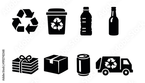 Recycling and waste management black and white icons set