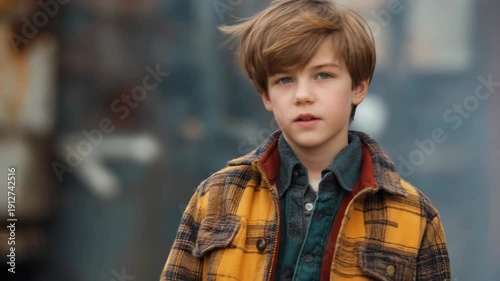 Wallpaper Mural Young Caucasian boy standing on a city street, casual leisure style and natural expression looking at the camera, capturing youthful urban lifestyle and everyday authenticity. Torontodigital.ca