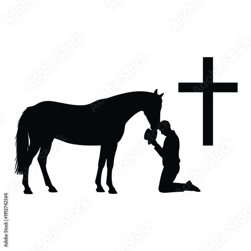 Silhouette of a kneeling man and horse beside a christian cross