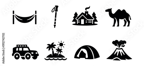 Travel and adventure bold icons set