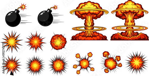 Cartoon bomb and explosion set, dynamite blast, fire burst and nuclear mushroom cloud vector illustration isolated on white background