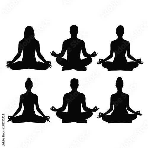 Silhouettes of people meditating in various lotus positions a zen image