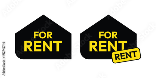 Professional For Rent Monochrome Silhouette Set – Black House Icons with High-Visibility Yellow Typography and Rent Tag