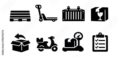 Logistics and delivery black-and-white icon set