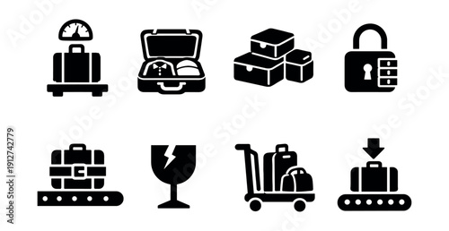 Travel and luggage black and white icons set