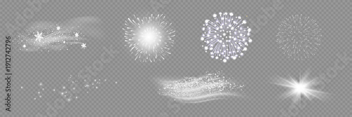 Eight decorative elements are presented on a transparent background, creating an atmosphere of magic, celebration, and winter radiance. Each can be used to decorate cards, banners, illustrations, or