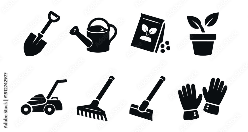 Fototapeta premium Gardening tools silhouette icons set