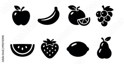 Fruit black and white silhouette icons set