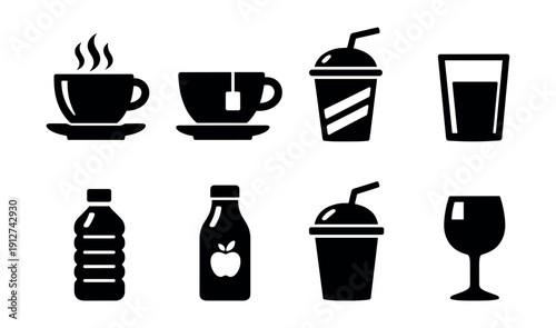 Beverage black and white icon set