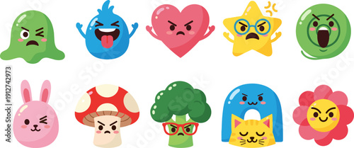 Cute cartoon emoji character collection, kawaii colorful icons with funny angry expressions isolated on white background for kids stickers design
