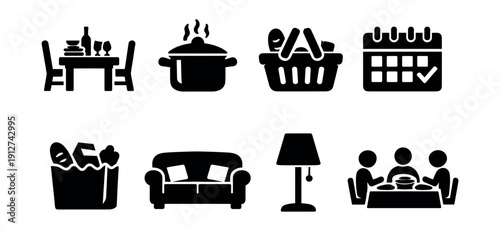 Household silhouette icons set