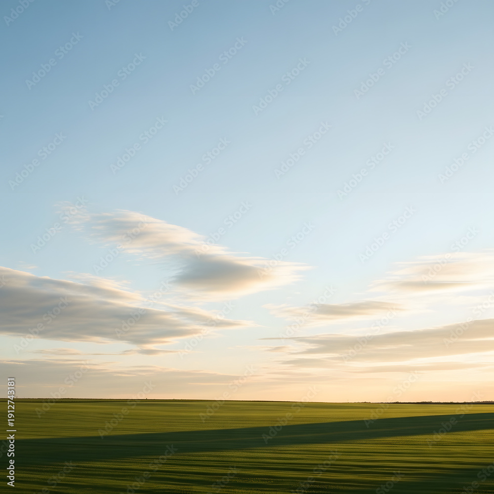 Obraz premium Vast Landscape Under a Calm Sky: A panoramic vista unfolds, where a boundless expanse of green fields meets a serene sky adorned with scattered, fluffy clouds.