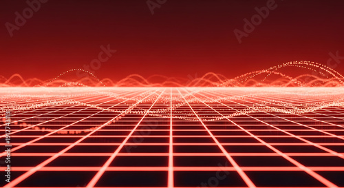 Futuristic digital landscape with glowing red sine waves and grid horizon
