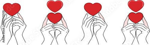 Hands holding red hearts collection with romantic love gesture minimal line art vector illustration set