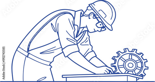 Blue line of a worker inspecting a large gear on a workbench blue line worker inspector cogwheel machinery